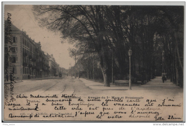 Neuchatel Avenue du 1er Mars et Promenade - Rasierklingen Stempel nach Ilanz