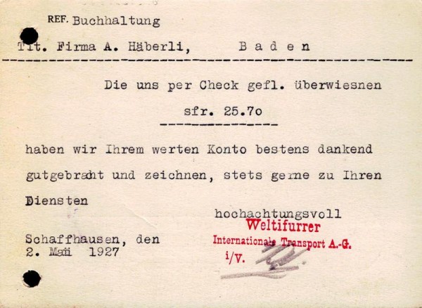 Bestellkarte, Weltifurrer Inter. Trans. AG, Zürich, 1927 Vorderseite