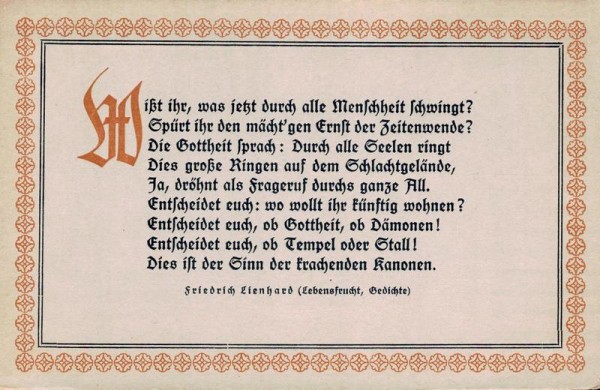 Spruchkarten von Friedrich Lienhards Werken, Lebensfrucht; Wisst ihr, was jetzt durch alle Menschheit... Vorderseite