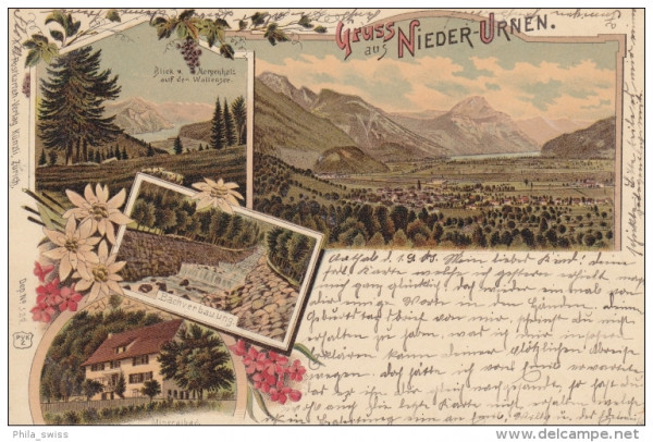 Nieder-Urnen (Niederurnen) - farbige Litho - Wallensee, Bachverbauung, Mineralbad, Totalansicht