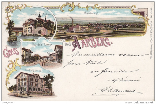Aarberg, Gruss aus - Litho - Kirche u. Amthaus, Brückfeld-Strasse, Handlung Lüthy