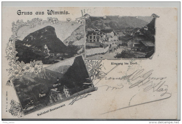 Wimmis, Gruss aus - Eingang ims Dorf, Bahnhof Restaurant - 3 Bild AK