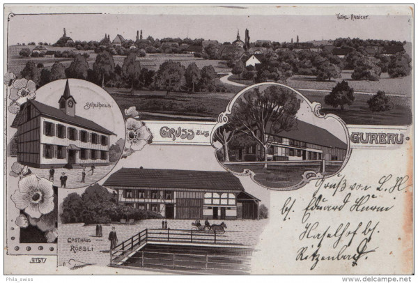 Gurbrü, Gruss aus - schwarze Litho - Total-Ansicht, Schulhaus, Gasthaus zum Rössli, Post Ablage