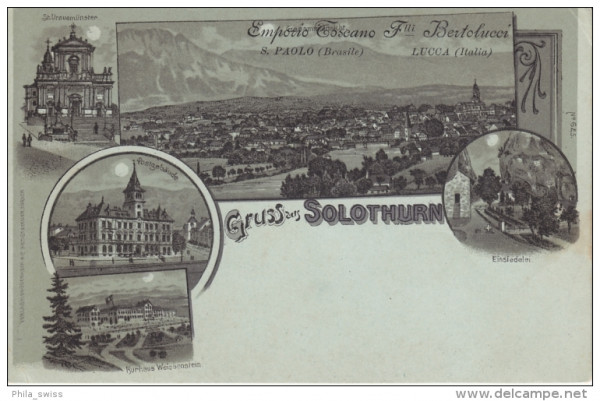 Solothurn, Gruss aus - Mondscheinlitho - Gesamtansicht, St. Ursusmünster, Post, Weissenstein, Einsie