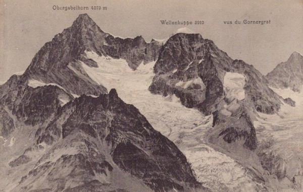 Obergabelhorn (4073 M), Wellenkuppe (3910 M) von Gornergrat aus. Vorderseite