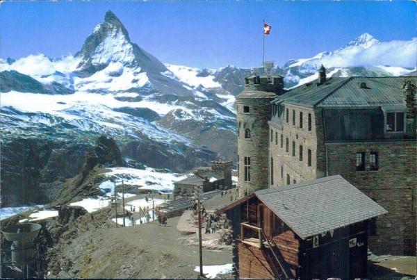 Zermatt, Kulm-Hotel Gornergrat, Matterhorn und Dt. Blanche Vorderseite