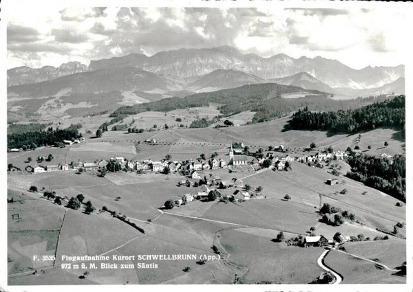 Schwellbrunn mit Blick auf Säntis, Flugaufnahme Vorderseite