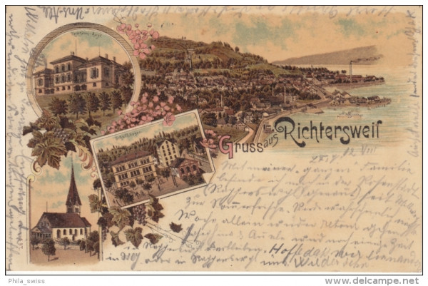 Richterswil, Gruss aus - farbige Litho - Kirche, Schulhäuser, Kranken-Asyl, Gesamtansicht