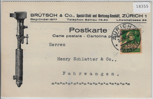 Illustrierte Firmen-Postkarte - Brütsch & Co. Werkzeug-Geschäft - Zürich 1924