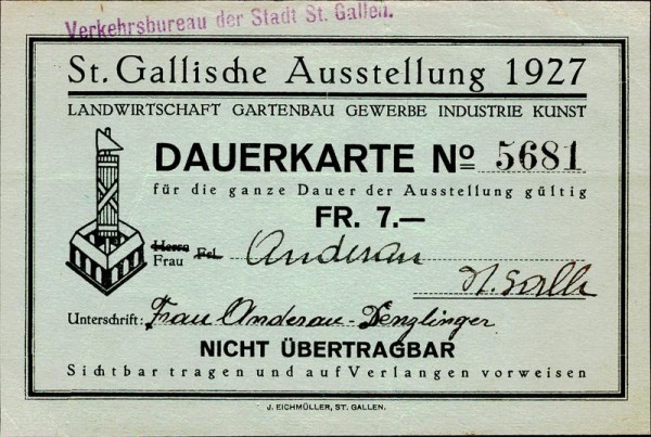 St. Gallische Ausstellung 1927, Dauerkarte Vorderseite