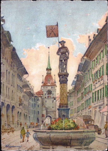 Bern. Altstadt Marktgasse mit Schützenbrunnen
