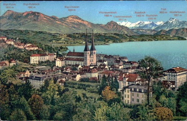 Luzern - Hofkirche und die Alpen Vorderseite