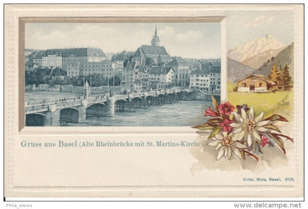 Basel, Gruss aus - Prägelitho - Alte Rheinbrücke mit St. Martins-Kirche - Edelweiss
