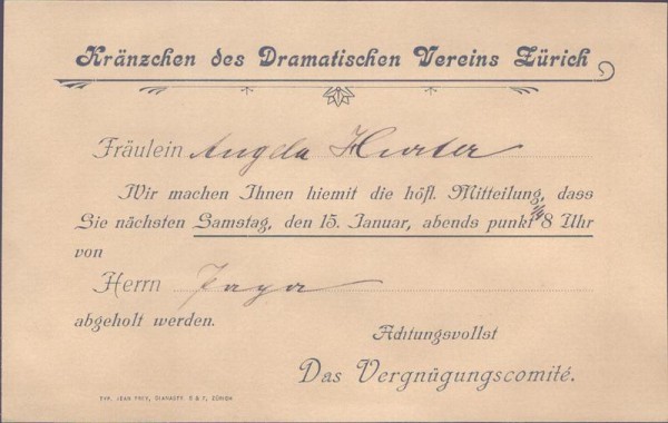 Kränzchen des Dramatischen Vereins Zürich Vorderseite