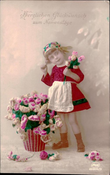 Herzlichen Glückwunsch zum Namenstage - Ein Mädchen mit Blumen Vorderseite