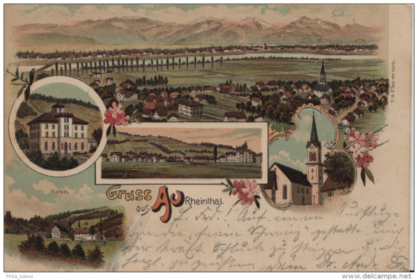 Au, Gruss aus - farbige Litho - Rheinthal - Rheintal