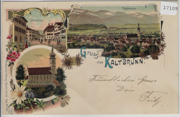 Gruss aus Kaltbrunn - Litho 1900 Hauptstrasse, Kirche, Totalansicht
