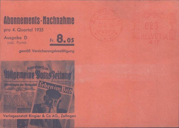 Ringier Zofingen, Abonnements-Nachnahme 1935 Vorderseite