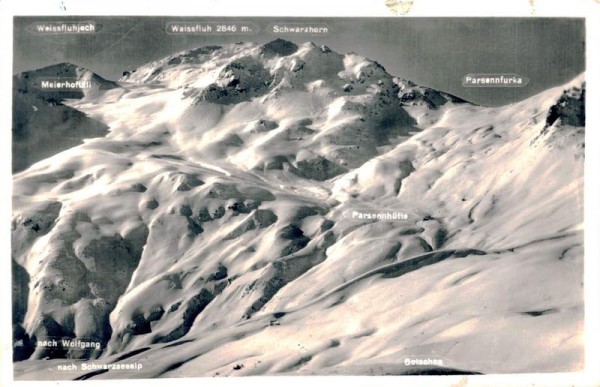 Blick von Gotschna gegen Parsennhütte, Weissfluhjoch und Weissfluh Vorderseite