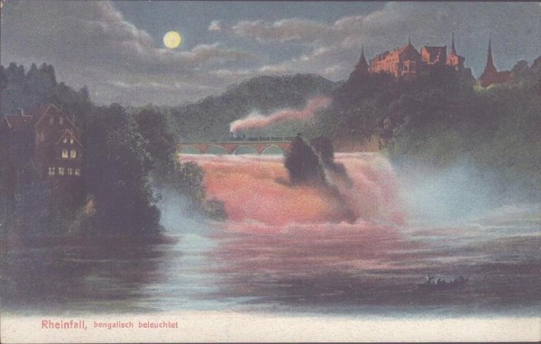 Rheinfall, bengalisch beleuchtet Vorderseite