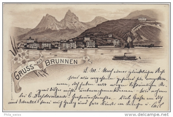 Brunnen Litho, Gruss aus - braune Litho - Dampfschiff/Rade