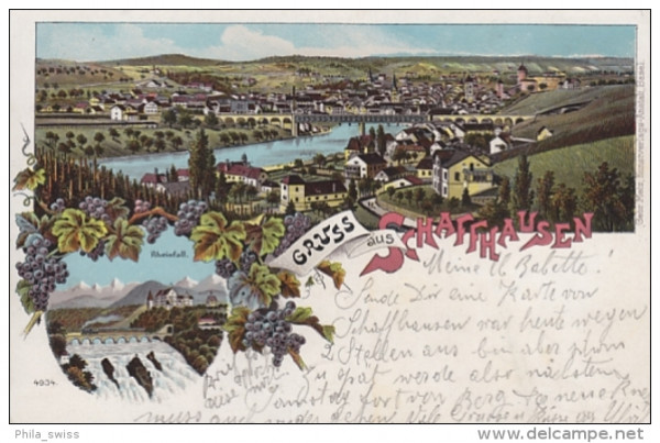 Schaffhausen, Gruss aus - farbige Litho - Rheinfall, Generalansicht