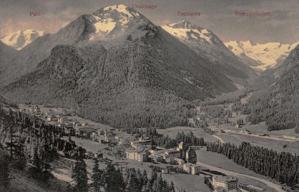 Pontresina mit Piz Palü und Roseggletscher Vorderseite