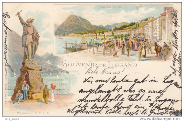 Lugano, Souvenir de - farbige Litho - Sur le Quai, Monument Gme Tell