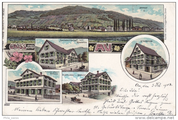 Au, Gruss aus - farbige Litho - Speisewirtschaft zum Mondstein, M. Zindel-Beerli Handlung, Restauran